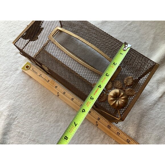 VTG MCM Tissue Box Cover Gold Tone Wire Mesh Hollywood Regency Leaves and Flower - Picture 9 of 12